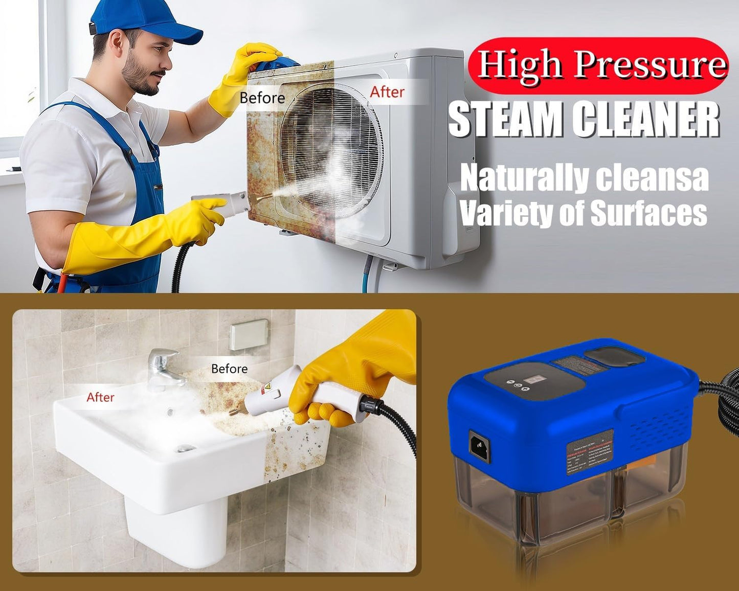 Handheld Steam Cleaner for Home, 2500W High Pressure Steamer for Cleaning, 9-Level Multipurpose Steam Cleaner for Car Floor Upholstery Kitchen Bathroom Grout Tile, 14 Accessories Included, Blue