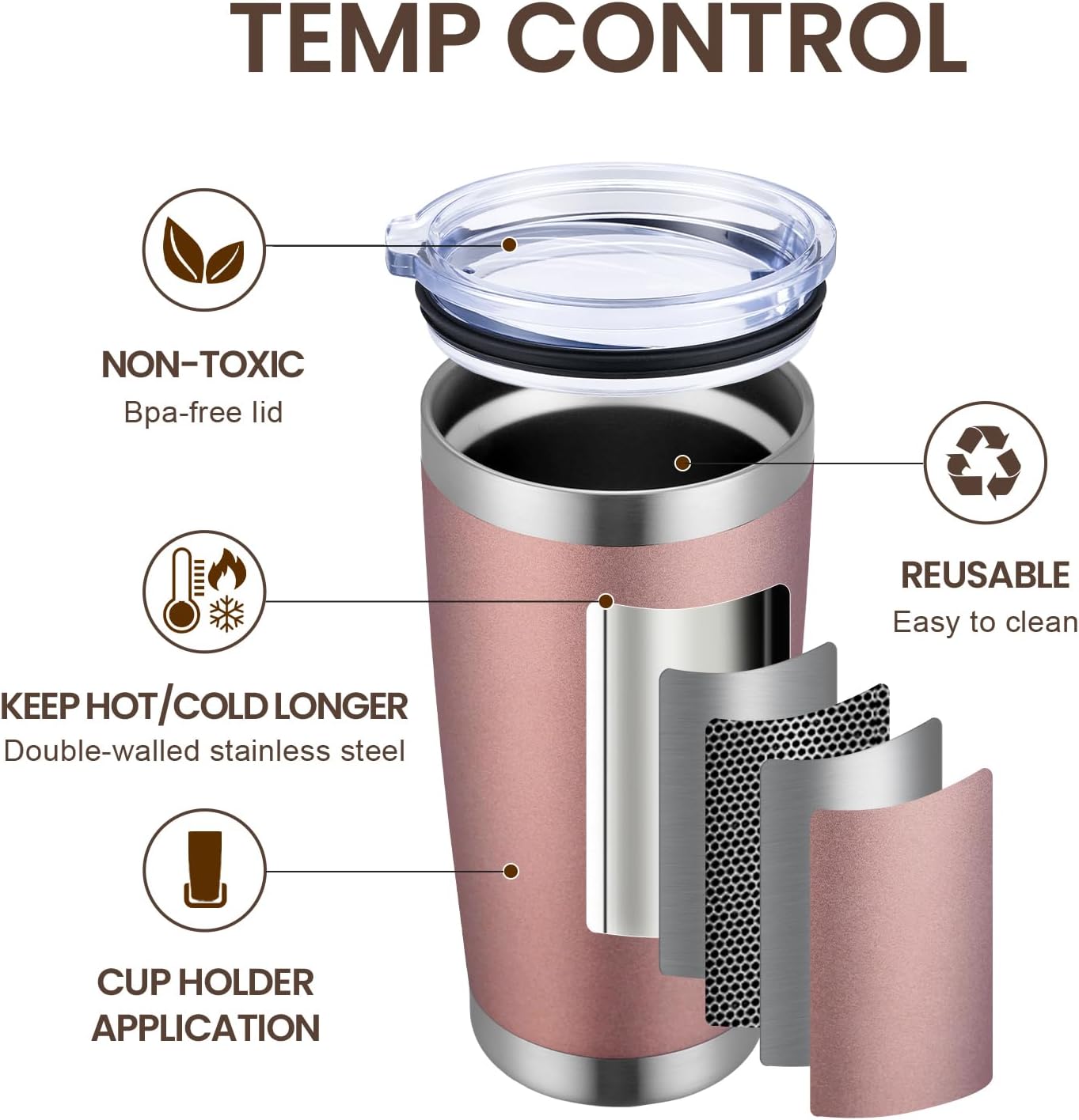 MEWAY 20oz Tumbler 2 Pack Double Wall Vacuum Insulated Travel Mug Bulk, Stainless Steel Tumblers with Lid and Straw, Durable Powder Coated Coffee Cups for Cold & Hot Drinks (Rose Gold, 2)