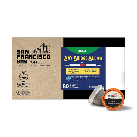 San Francisco Bay Compostable Coffee Pods - DECAF Bay Bridge Blend (80 Ct) K Cup Compatible, Medium Roast, Swiss Water Processed