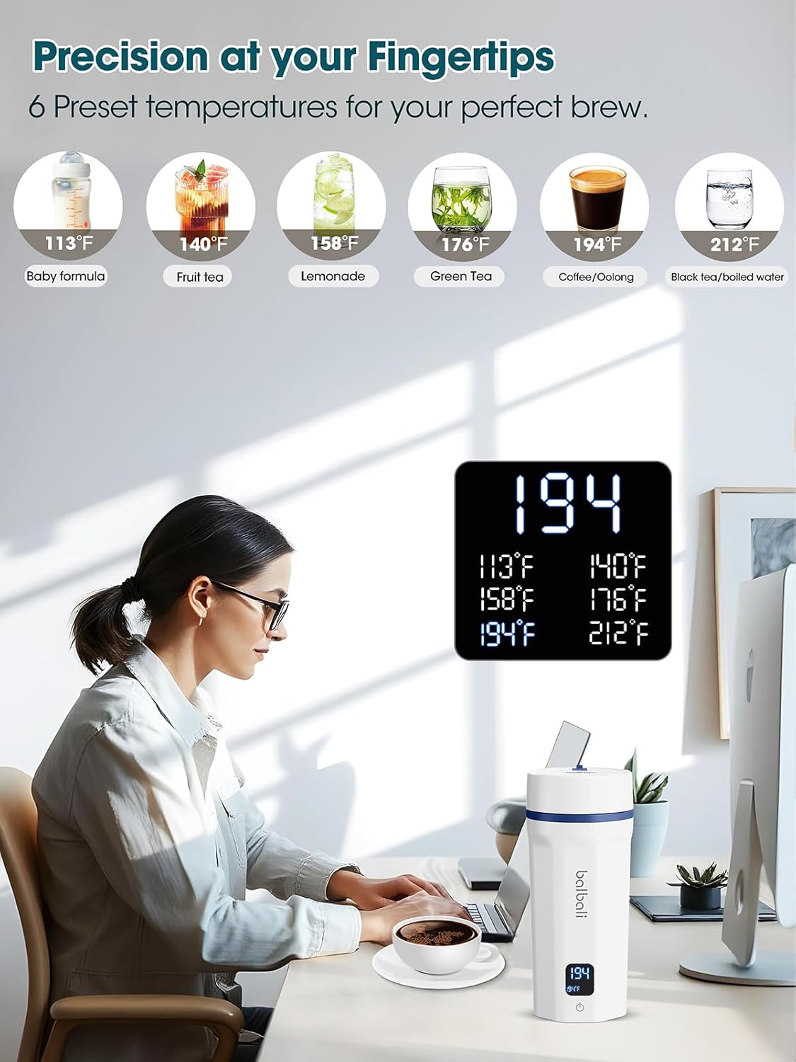 balbali 18.6oz Portable Kettle for Travel 100-250V Dual Voltage for International/Global/Europe - 6 Preset Travel Electric Kettle Hot Water Boiler/Heater/Warmer/Tea Maker - White