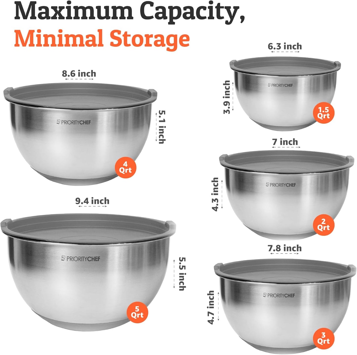 Priority Chef Premium Mixing Bowls With Airtight Lids Set, Thicker Stainless Steel Mixing Bowl Set, Large Prep Metal Bowls with Lids, Nesting Bowls for Kitchen, 1.5/2/3/4/5 Qrt, Grey