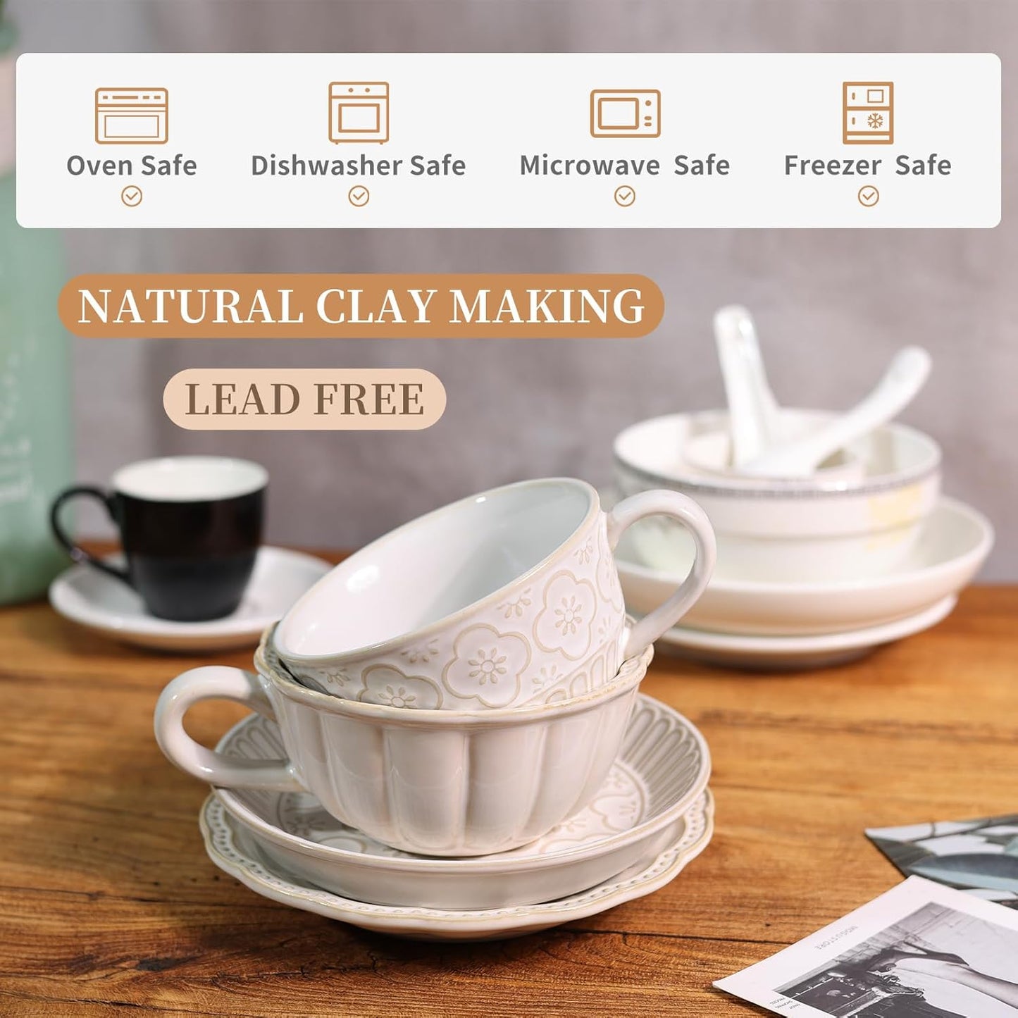 Latte Cup with Saucer, 12 OZ Cappuccino Cup Vintage Cafe Art Cups for Espresso Turkish Coffee, Farmhouse Latte Mugs Tea Cups and Saucers Porcelain Set for Baristas Great Gift