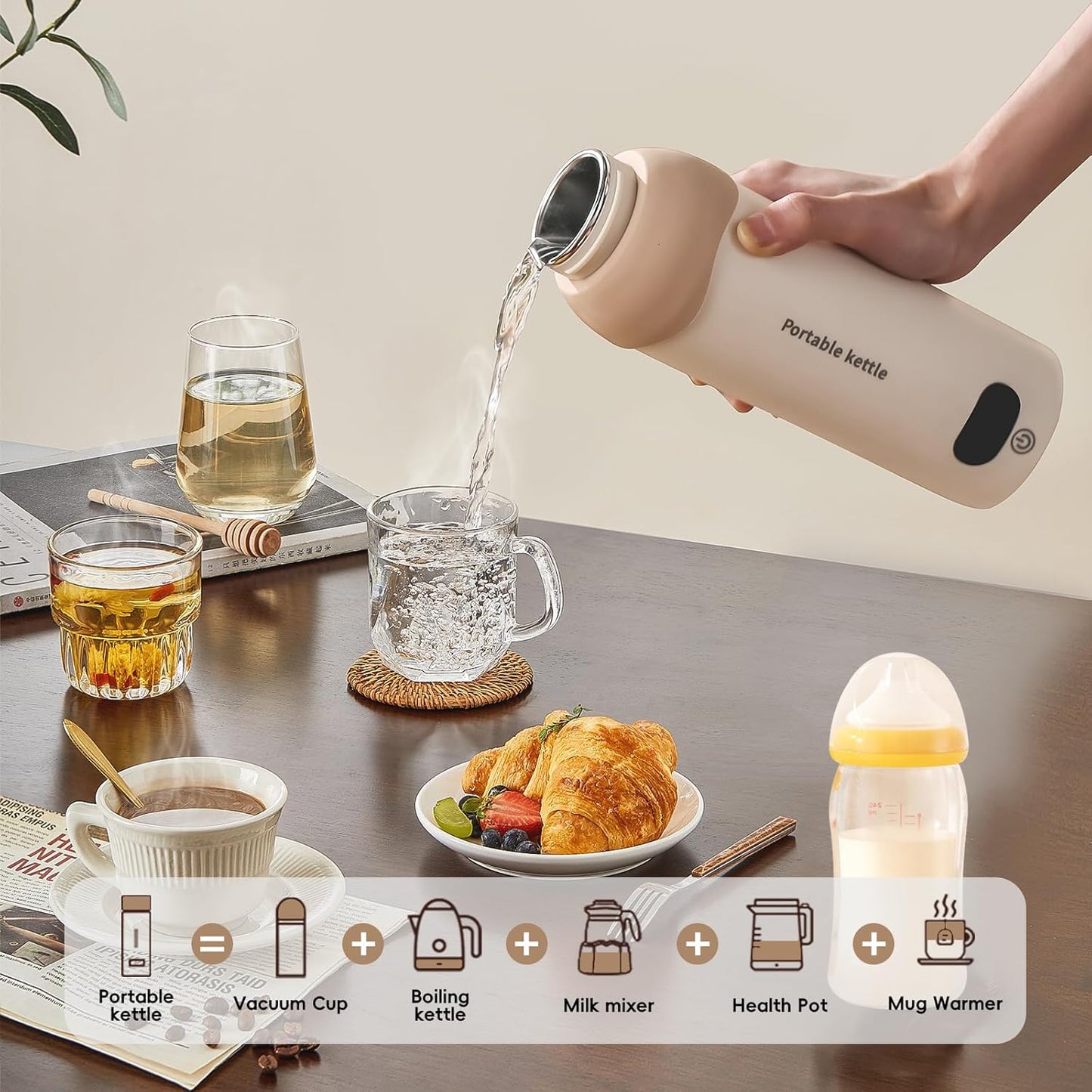 Portable Travel Electric Kettle Small Water Boiler 450ml Plug in Water Heater 304 Stainless Steel