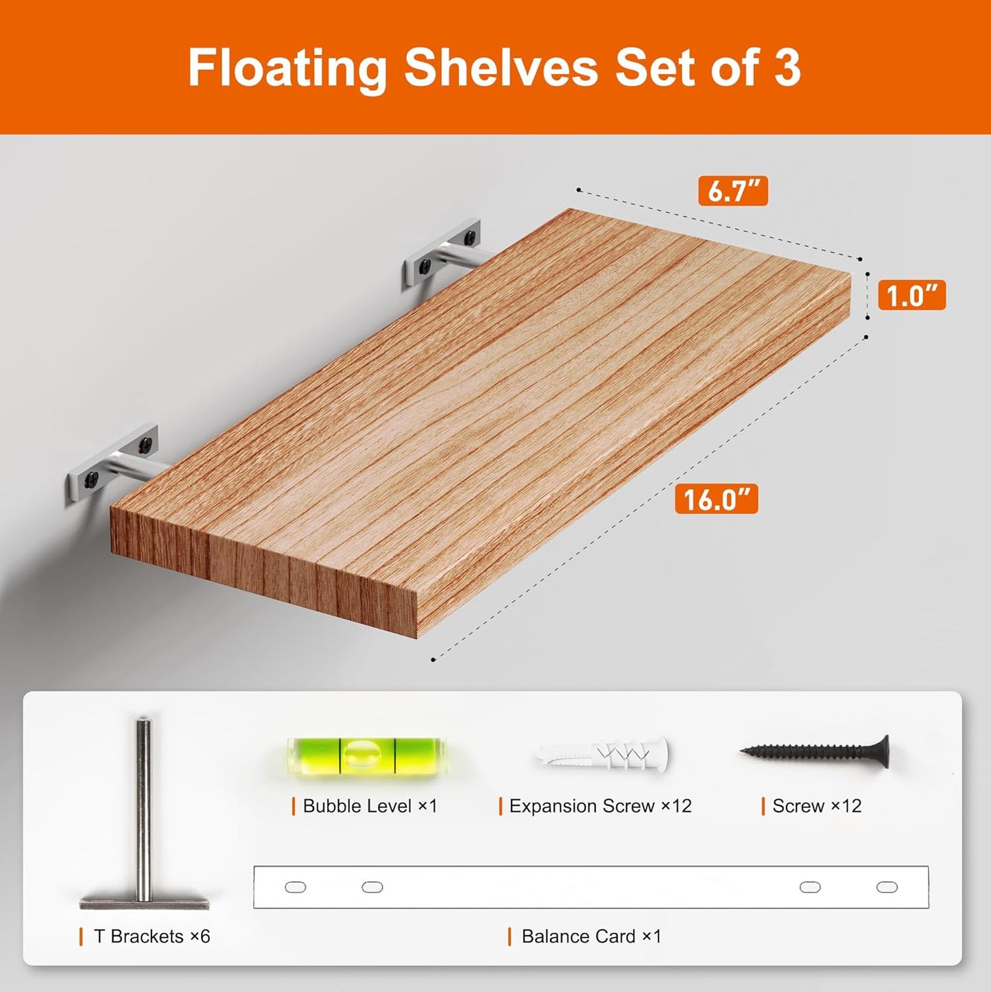Floating Shelves for Wall, Nature Wood Wall Shelf Set of 3, 16" Wall Mounted Floating Shelf for Kitchen, Living Room, Bedroom, Bathroom Storage, Book Shelf for Wall Home Decor, Frame Display