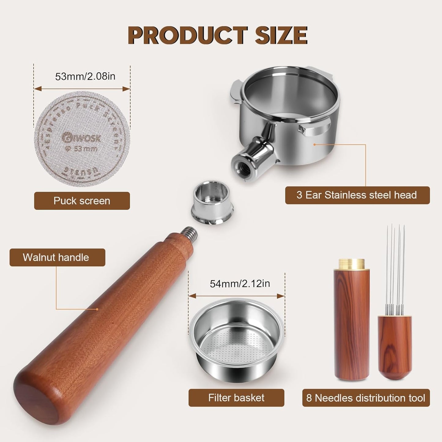 54mm Bottomless Portafilter 3 Ears Espresso Portafilter Compatible with reville BES870/878/880 with Puck Screen Coffee Needle and Walnut Handle