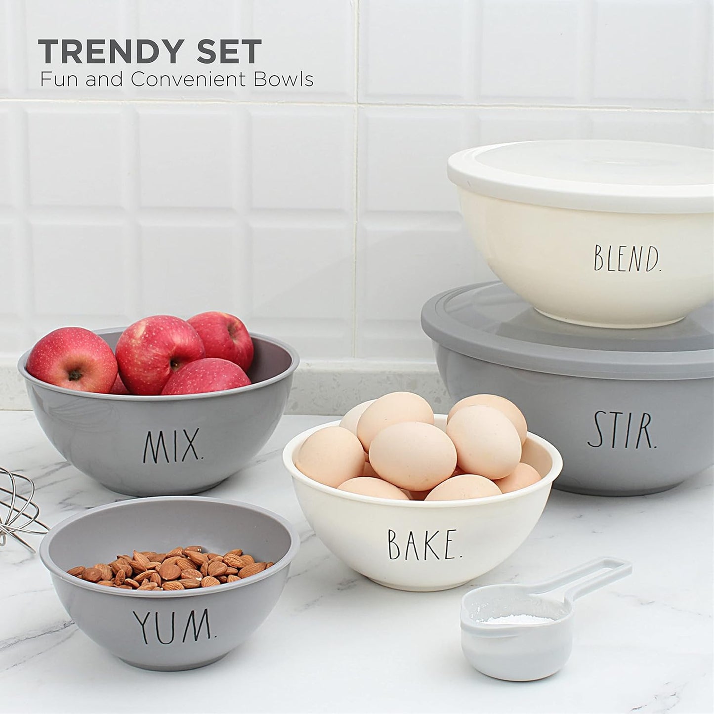 Rae Dunn Mixing Bowls with Lids - 10 Piece Plastic Nesting Bowls Set includes 5 Prep Bowls and 5 Lids (Grey)
