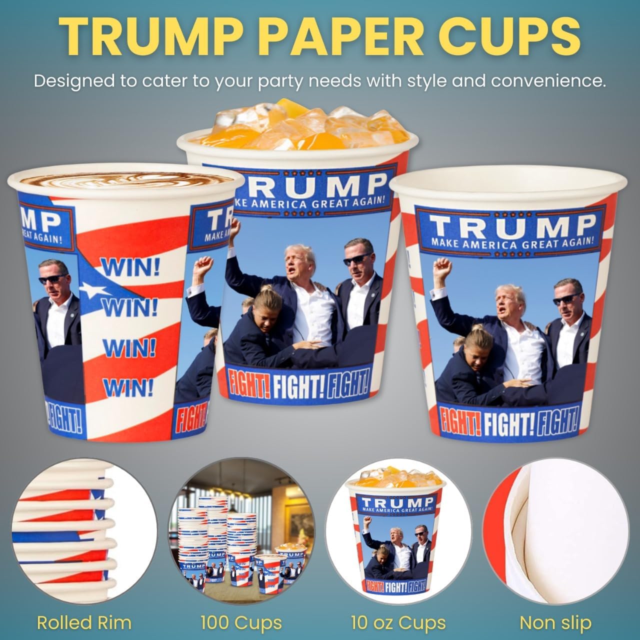 Smygoods Trump Design Disposable Paper Coffee Cups (10 OZ, 100 Count) For Hot Beverages, Tea, Espresso, Cocoa - To Go Drink Containers, Café & Office