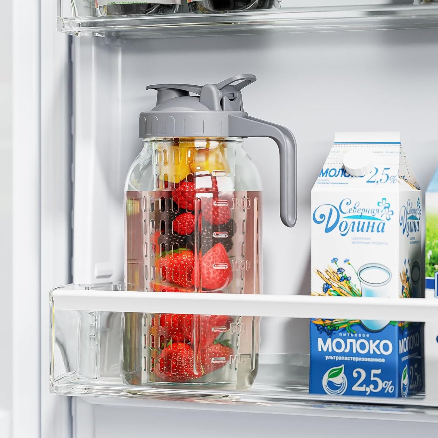 Fruit Infuser Water Pitcher,Glass Mason Jar Pitcher,64oz(2 Quart) Wide Mouth Jug with Pour Spout Handle Lid for Fruit Drinks,Cold Brew Coffee,Ice Beverage,Iced Juice,Lemonade,Sun Tea Container