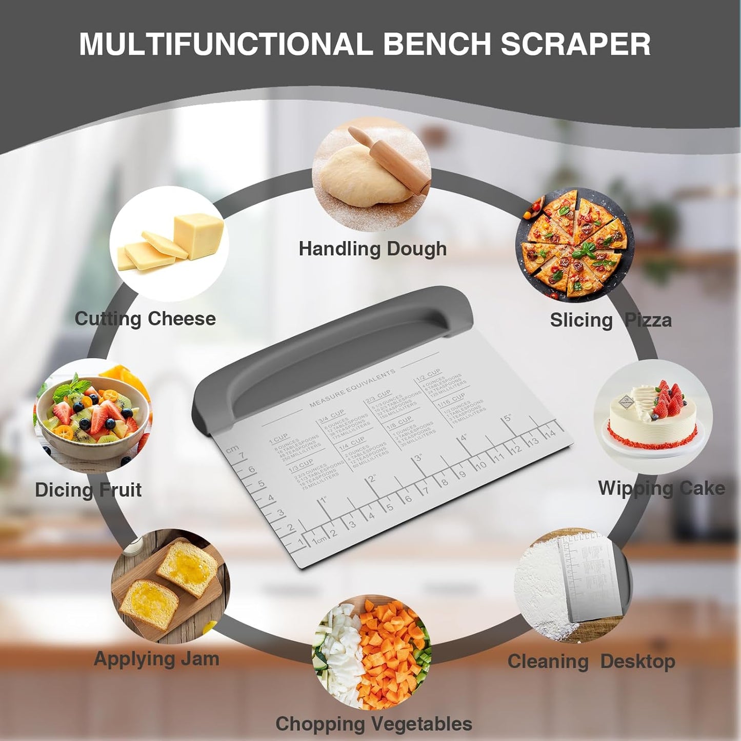 Bench Scraper Dough Cutter Tool - Pastry Scraper for Bread Cake Pizza, Bench Knife Kitchen Dough Scraper for Baking, Stainless Steel Food Scraper with Grip Handles & Measuring Scale, Grey