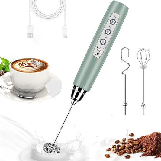 Milk Frother Handheld for Coffee, Electric Whisk 3 Speed Adjustable, Drink Mixer with Stainless 3 Whisks, Rechargeable Hand Frother Wand, Foam Maker for Latte Cappuccino Hot Chocolate Egg Green