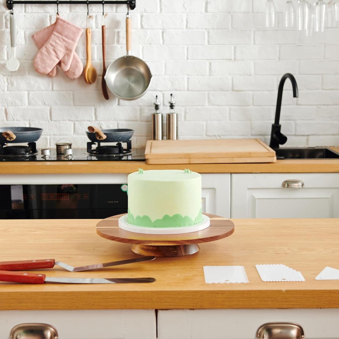 Remerry 61 Pcs Cake Decorating Kit with 12" Wooden Cake Stand Turntable Includes Piping Tips, Spatula, Coupler, Offset & Straight Spatulas, Silicone Mat Baking Tools for Beginners and Professionals