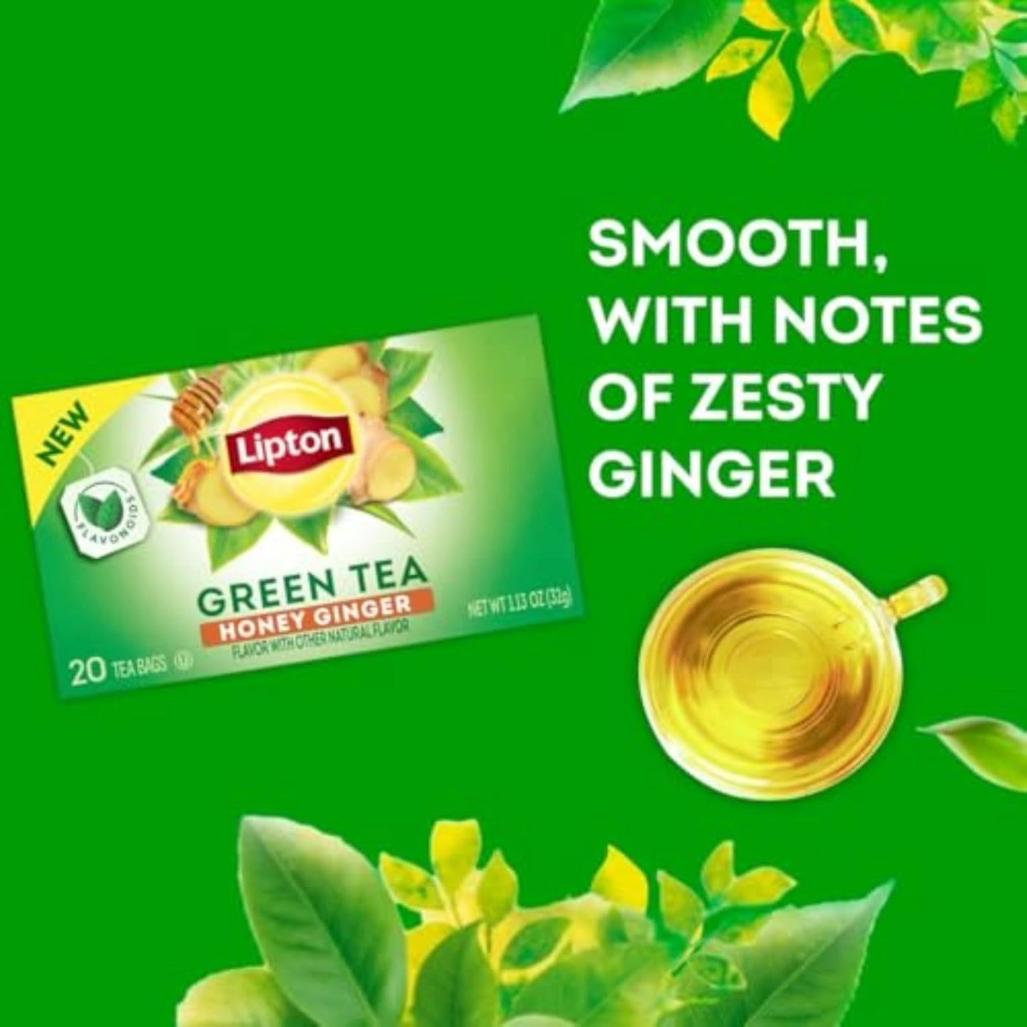 Lipton Honey Ginger Green Tea Bags, Flavored, Unsweetened Teabags for Hot Tea or Iced Tea with Caffeine and Flavonoids, 20 Total Tea Bags