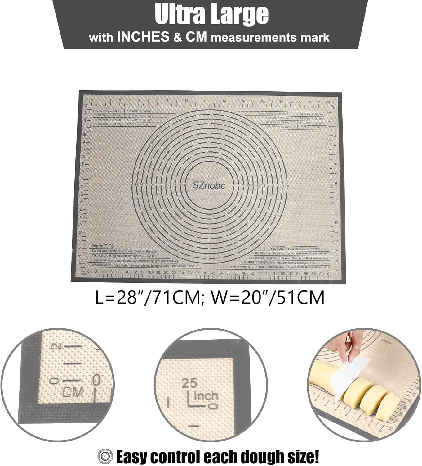 Silicone Pastry Mat 28X20 Inches Baking Mat with Measurement, Perfect for Dough, Pastry, Cookies, Pie Crust, Fondant, Bread, Sourdough, Pasta, Pizza, Kitchen Counter Mat