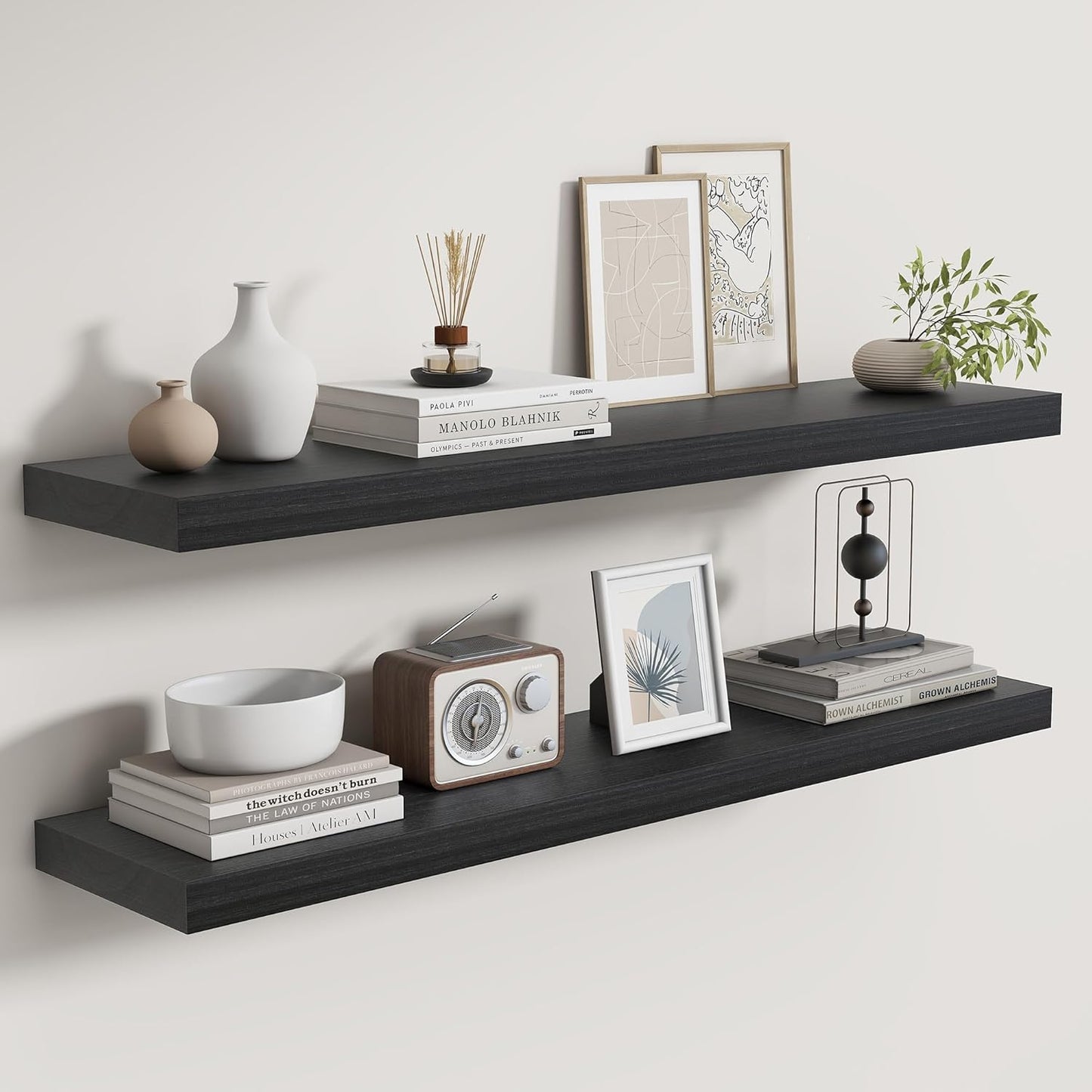 Fun Memories Rustic Real Wood Floating Shelves, 8 Inch Deep Floating Shelf Wall Mounted, 36" W x 8" D Wall Shelves Storage Shelves for Living Room, Bedroom, Bathroom, Black Finish, Set of 2