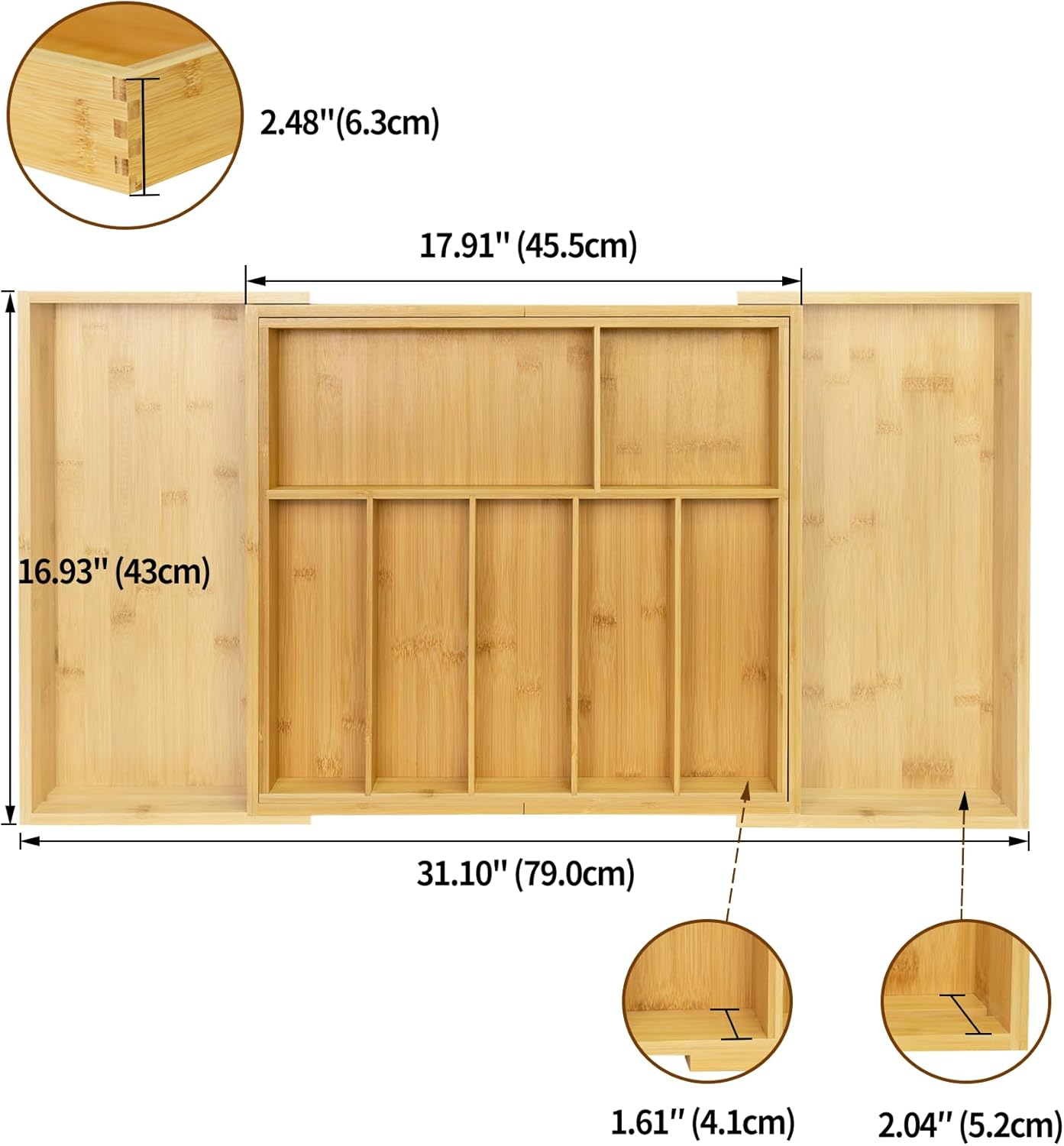 Utoplike Extra Large Kitchen Drawer Organizer, Expandable Bamboo Drawer Holder for Utensils, Silverware, Flatware, 7-9 Slots Cutlery Tray