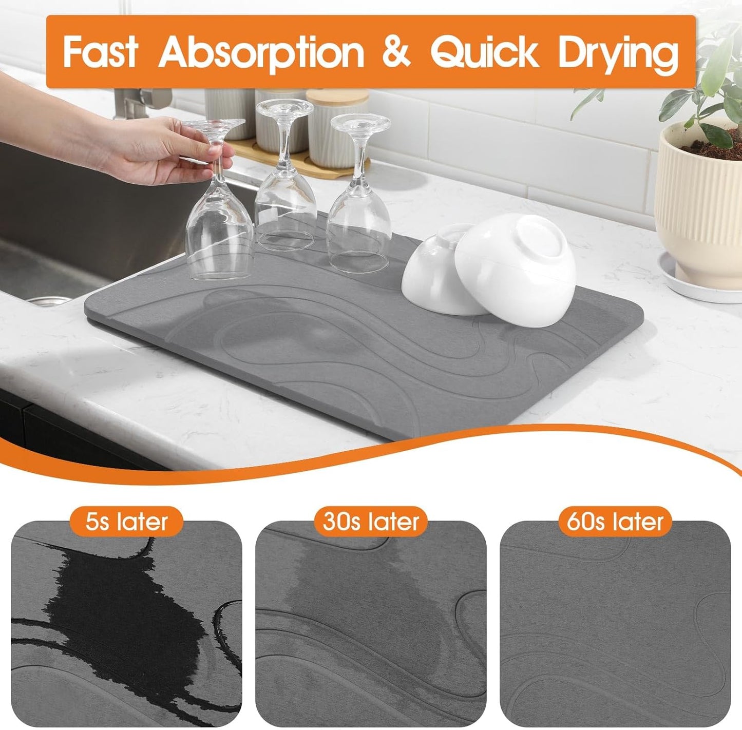 Large Stone Drying Mat for Kitchen Counter - 24"x16" Dirt-Resistant Quick Drying Fast Absorbent Non-Slip Diatomite Mat, Natural Diatomaceous Earth Dish Drying Pad for Dish Rack(Dark Grey)