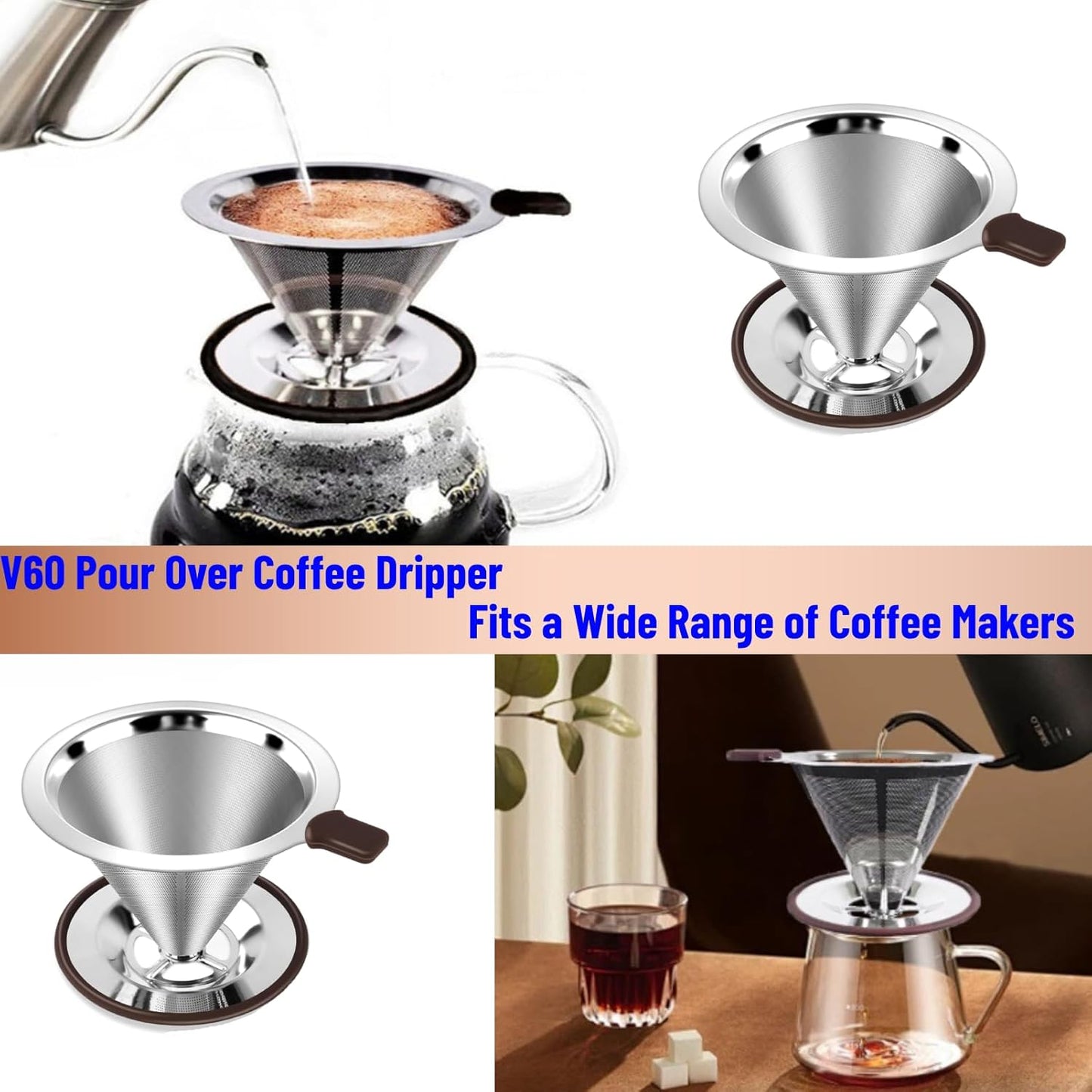 Reusable Paperless Coffee Filter V60,Coffee Dripper,Professional Stainless Steel Drip Cone Brew Coffee Strainer,Double Micro Mesh Filter,Coffee Filter Mug,Silicone Handle & Non-Slip Silicone Base (M)