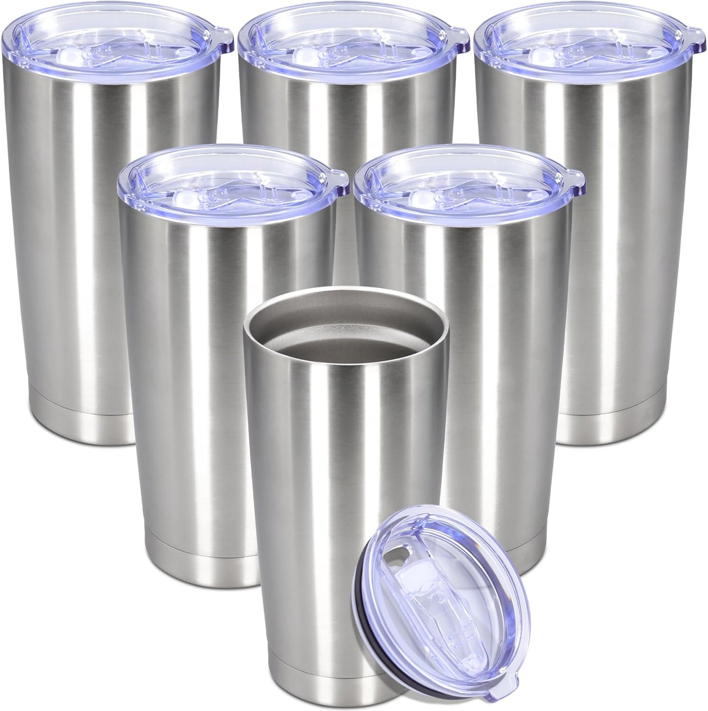 20 oz Tumbler with lid Double Wall Vacuum Insulated Tumblers Stainless Steel Coffee Mug Travel Coffee Tumbler Powder Coated Tumbler Cup Keep Hot&Cold - (Stainless 6 Pack)