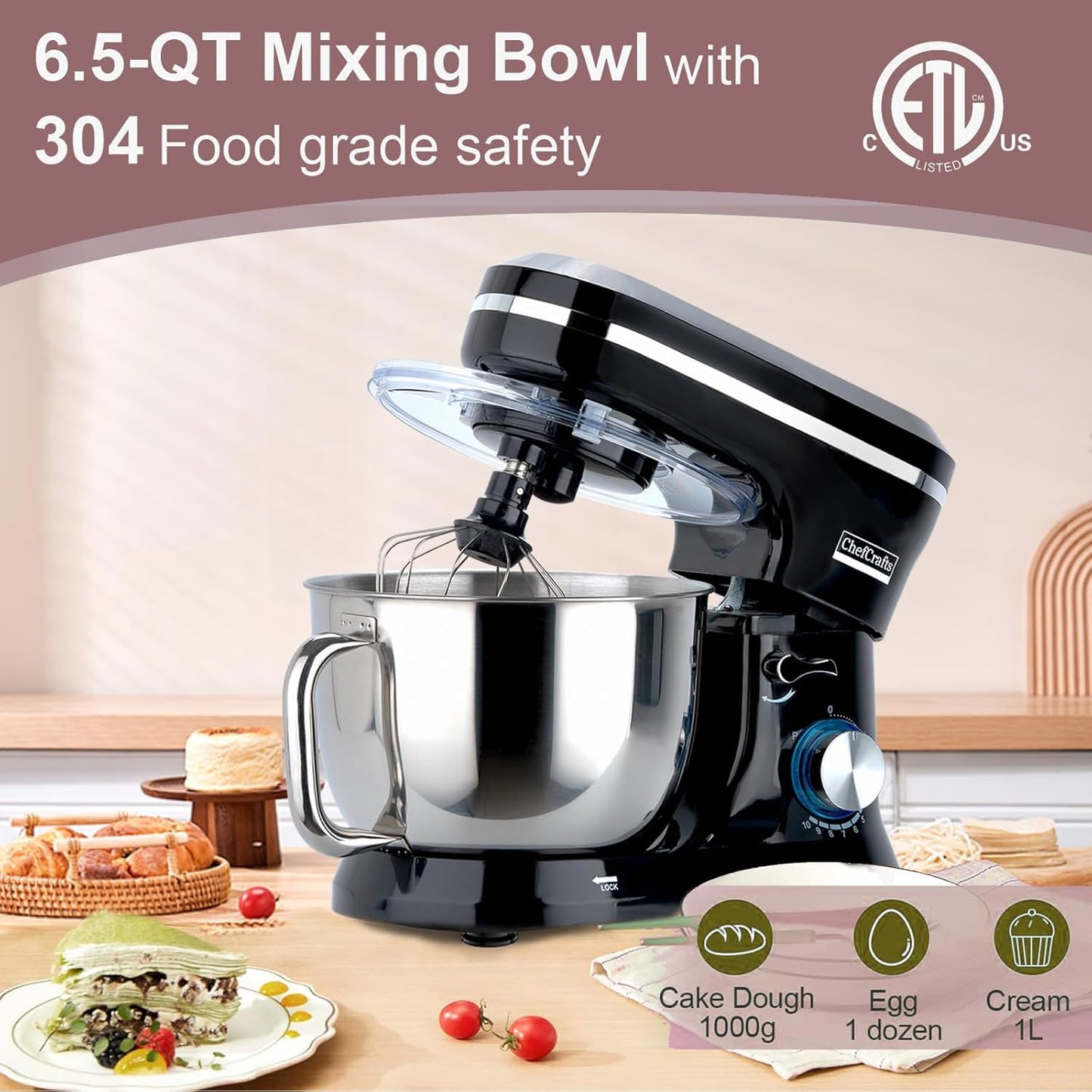 Household Stand Mixer with 6.5 Quart Bowl, Electric Food Mixer 10+p Speeds 660W, Kitchen Tilt-Head Bread Dough and Cake Mixers with Dough Hook, Whisk, Beater, Splash Guard and Egg Separator (Black)