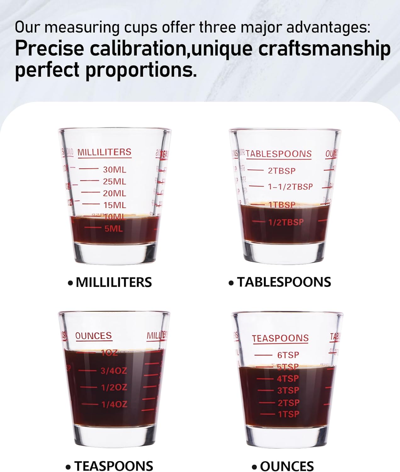 Shot Glasses Measuring Cup Set 4PACK Espresso Shot Glasses Liquid Heavy Glass 26-Incremental Measurement 1 OZ, 2 TBS, 6 TSP, 30 ML Kitchen Tools (RED&Black)