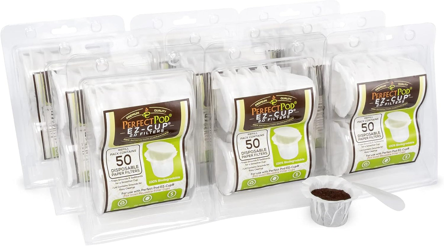 Perfect Pod EZ-Cup Paper Coffee Filters with Patented Lid for Single-Serve Coffee Brewers and Coffee Pods, Compatible with Keurig, 9-Pack (450 Filters)
