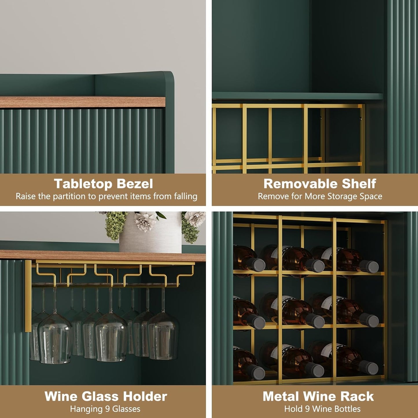 ARTPOWER 48" Wine Bar Cabinet with Fluted Texture, Modern Buffet Sideboard with Wine Rack and Glass Holder, Liquor Coffee Station with Storage for Kitchen, Living Room, Home Bar, Green