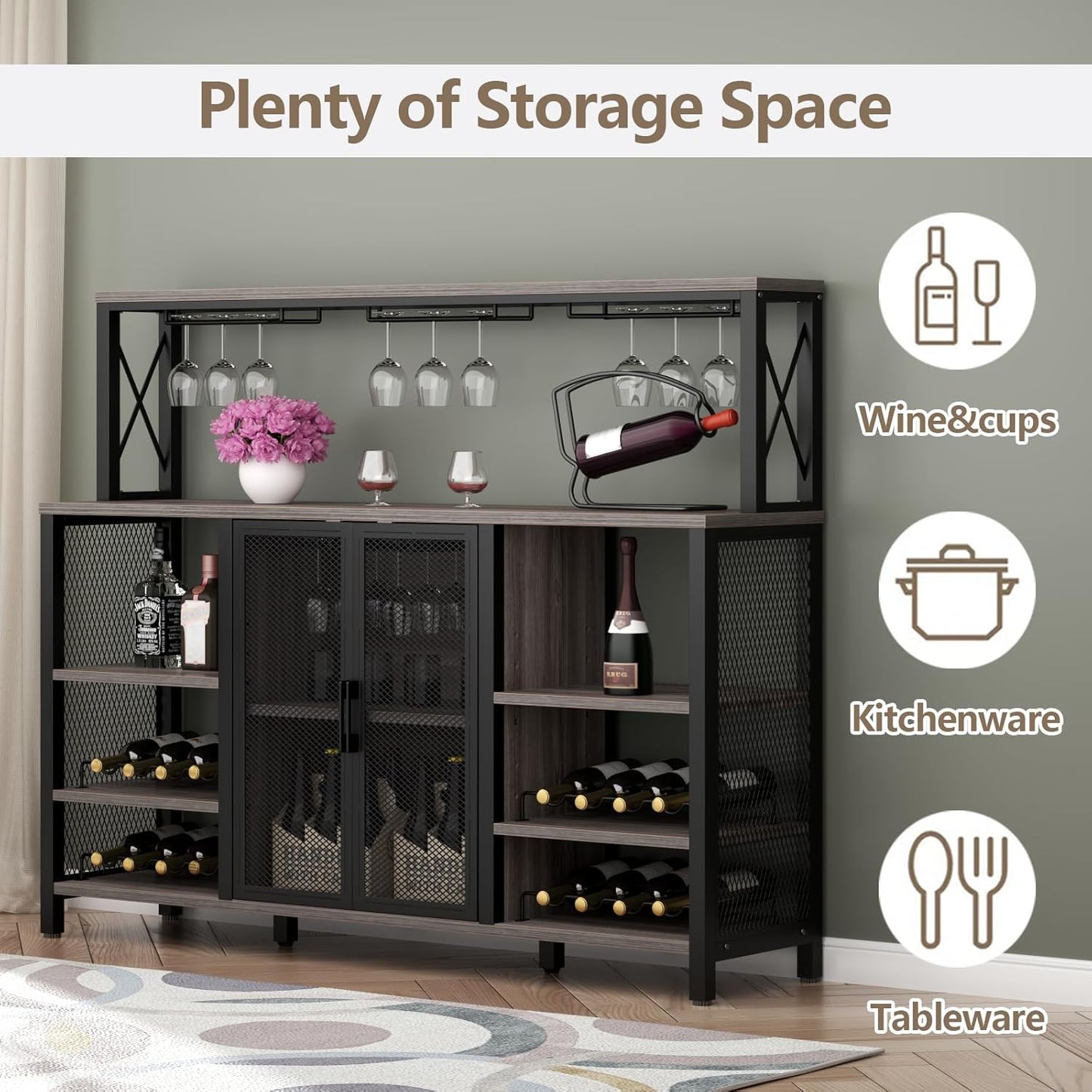 Bar Cabinet, 55 Inches Industry Coffee Bar Cabinet with Wine Rack and Glass Holder, Kitchen Sideboard Buffet Cabinet with Wine Rack Storage for Liquor and Glasses (Rustic Grey)