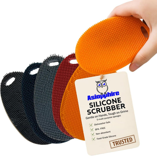 Silicone Sponge Dish Scrubber - Food Grade and Housecleaning - BPA Free Silicone Kitchen Scrubber [5 Pack Ovals Winter]