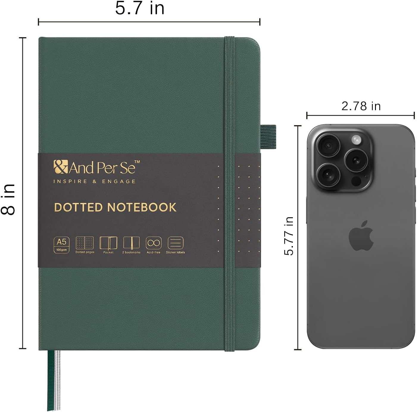 &And Per Se Dotted Journal Notebook (10 packs), A5 Hardcover Leather Bullet Dotted Journal, 160 Pages 100GSM Thick Paper, 3 Sheets of Stickers Included - 5.7'' x 8'' (Green)