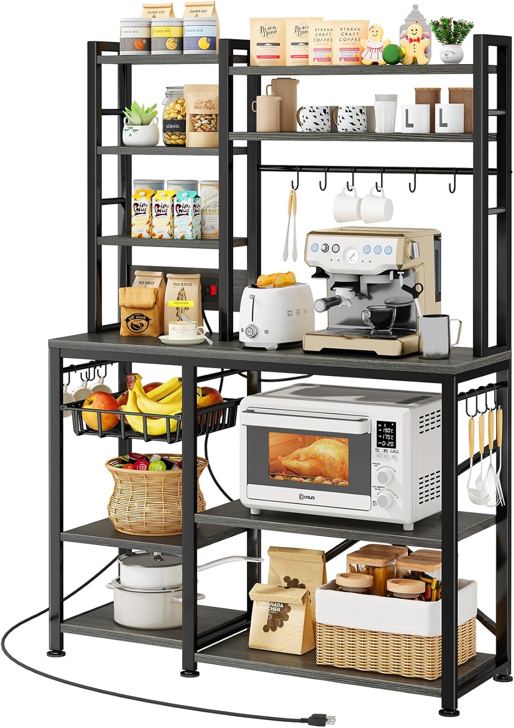 Baker Rack with Power Outlet - Microwave Stand with Storage, Large Coffee Bar Station with 14 Hooks, Metal Kitchen Shelf Rack for Spices, Pots (Rustic Grey)