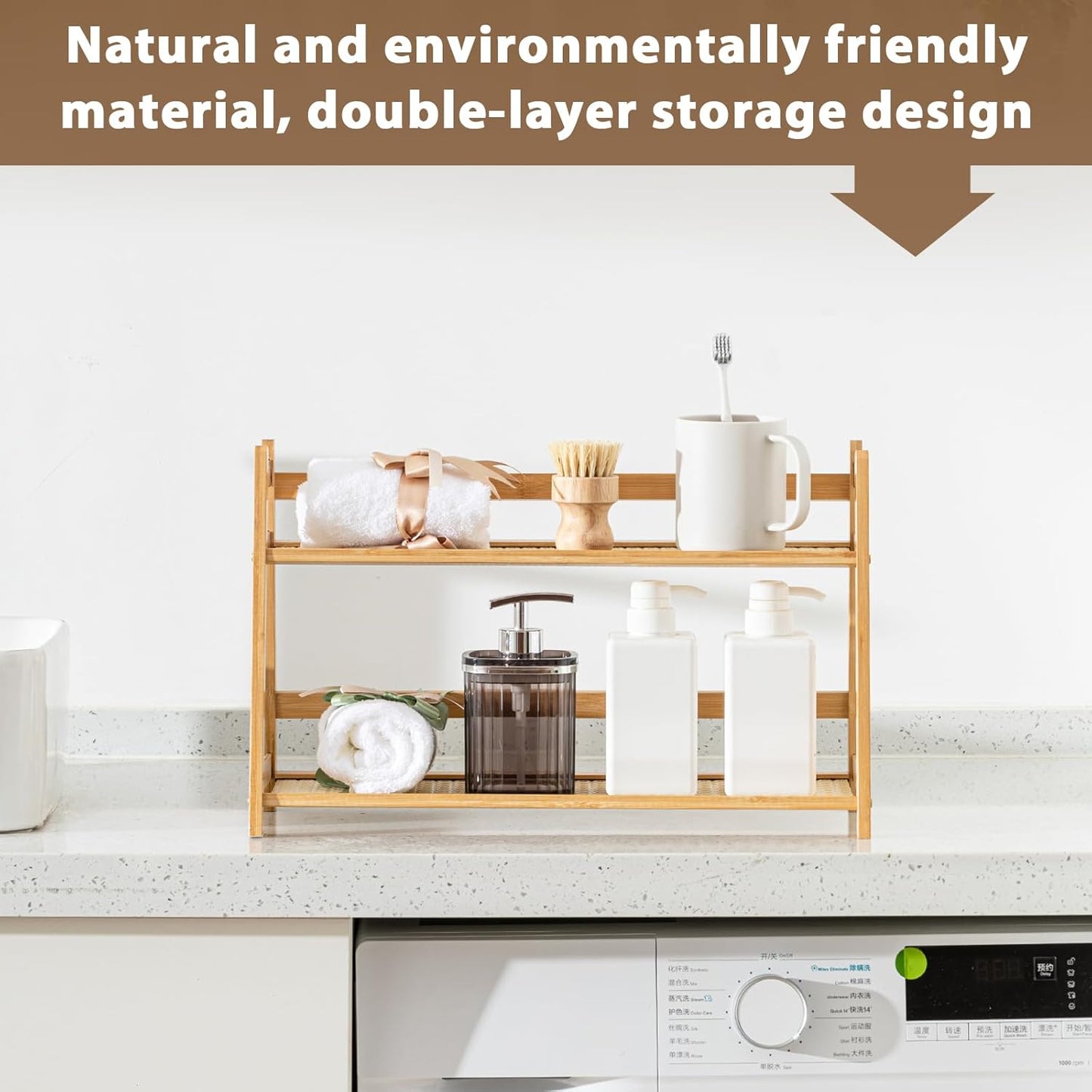 2 Pcs 17.7 Inch 2 Tier Matcha Station Shelf Bamboo Coffee Mug Stand Countertop Storage Rack, Double Layer Rattan Office Cup, Kitchen, Tea, Plant, Bar Accessories Condiment Display (Wood)