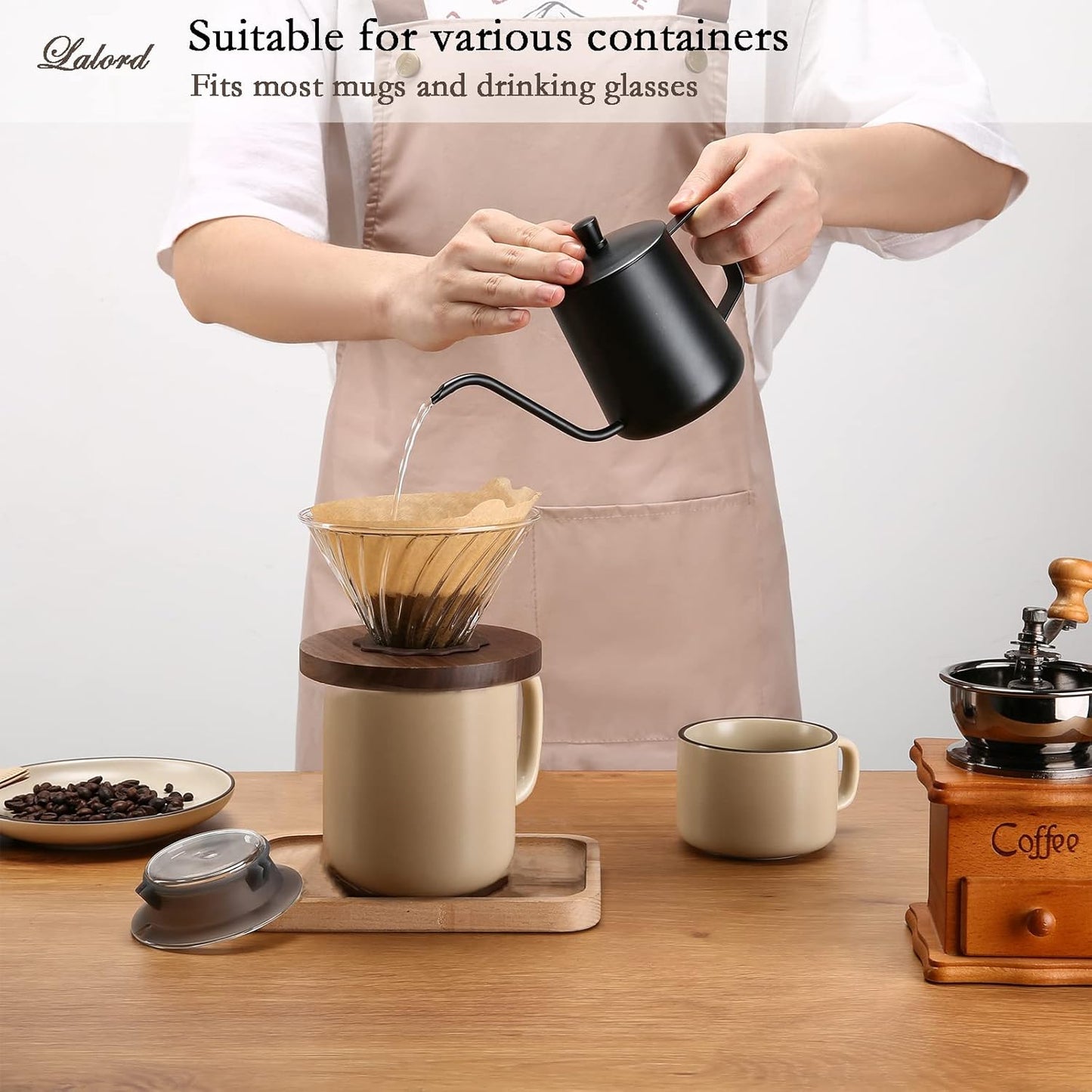 Pour Over Coffee Dripper with 100 pcs Size 02 Paper Filter, Walnut Handle and Borosilicate Glass, Glass Coffee Dripper, Hold for 1-4 Cups