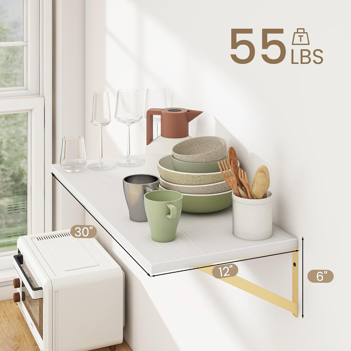 Floating Shelves for Wall, 12 Inch Deep Floating Shelves Set of 2, 30W x 12D Large Wall Shelf with Sturdy Metal Brackets for Living Room, Bathroom, Bedroom and Kitchen, White with Gold Bracket