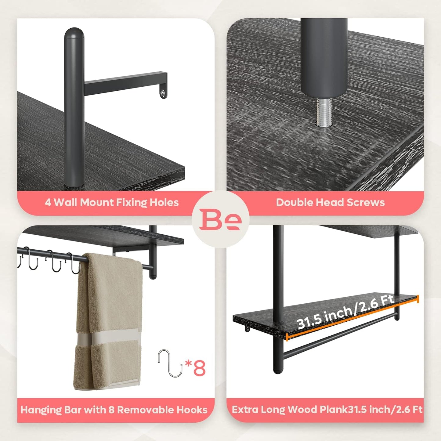 Bestier Pipe Shelf Industrial Floating Shelving 31" Kitchen Wall-Mounted Shelf Towel Bar Hooks Coffee Bar Shelves Wine Hanging Display Rack Bookshelf Living Room Decor Bathroom-Charcoal Black