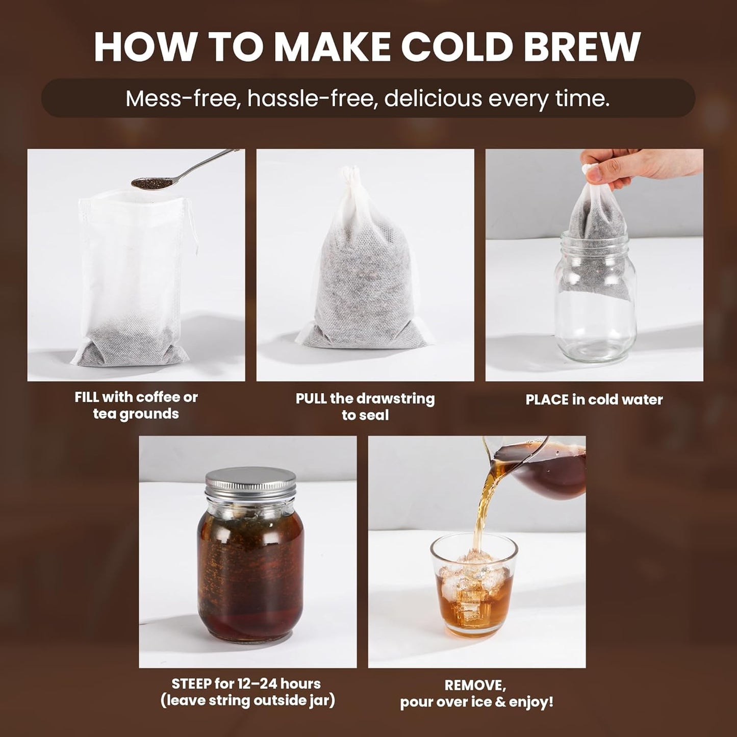 120 Count Cold Brew Coffee Filter Bags – 4x6 Inch Disposable Fine Mesh Drawstring Tea & Coffee Pouches – Fits 64oz Mason Jar, Tear-Resistant, Made from Natural Materials