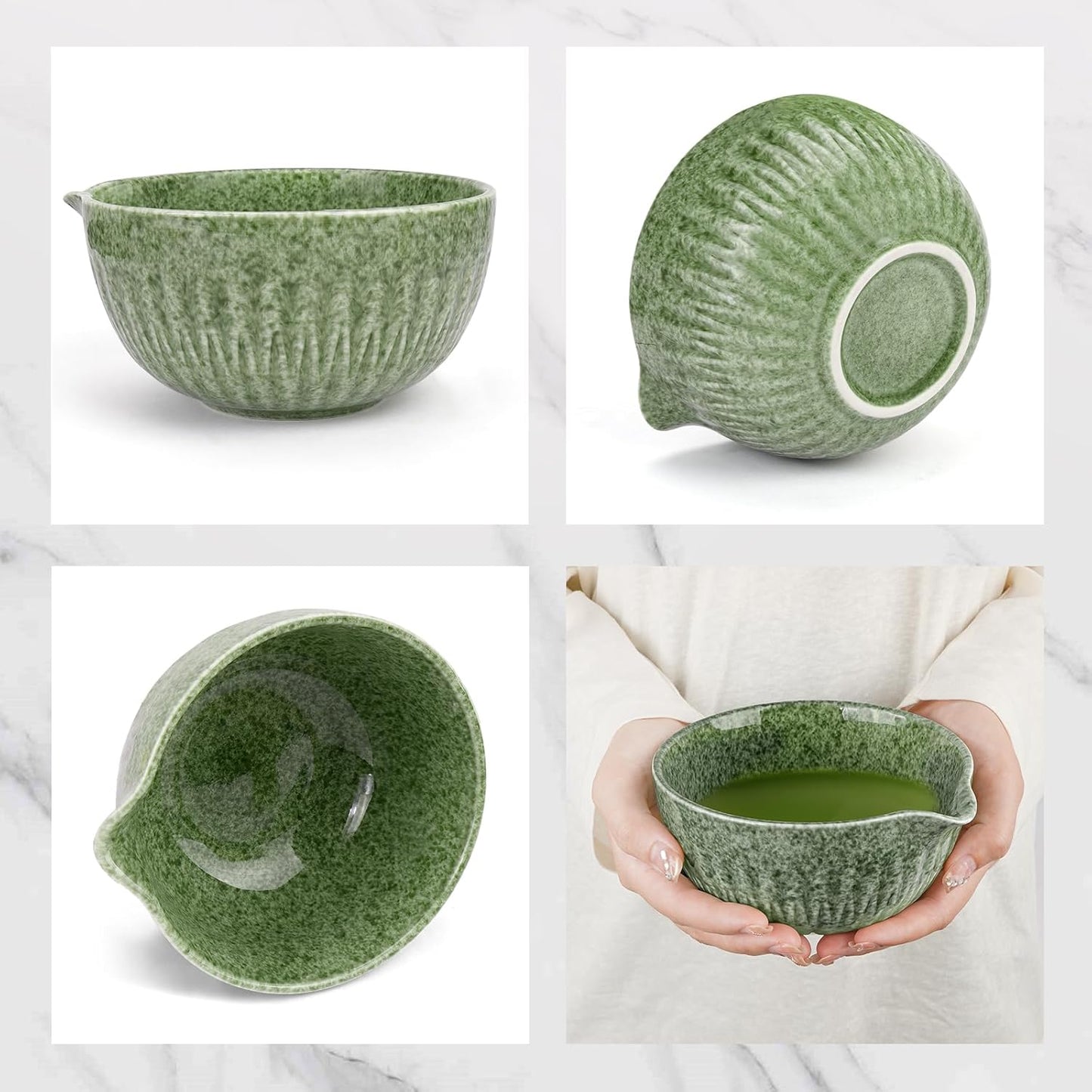 10-Pcs Matcha Kit Set, Whisk and Bowl with Spout & Measuring Spoon, Japanese Tea Making Tools, Complete Matcha Gift Set for Starter, Mottled Green