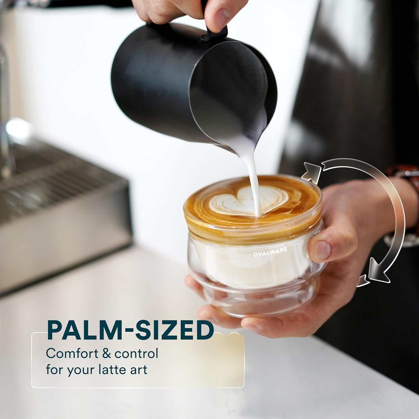 ovalware 8.5oz Double Wall Latte Cups, Latte Set of 2 - Latte Glasses for Cold & Hot Drink, Palm-Sized Cups with Wide Rim for Artistic Designs - Frost White