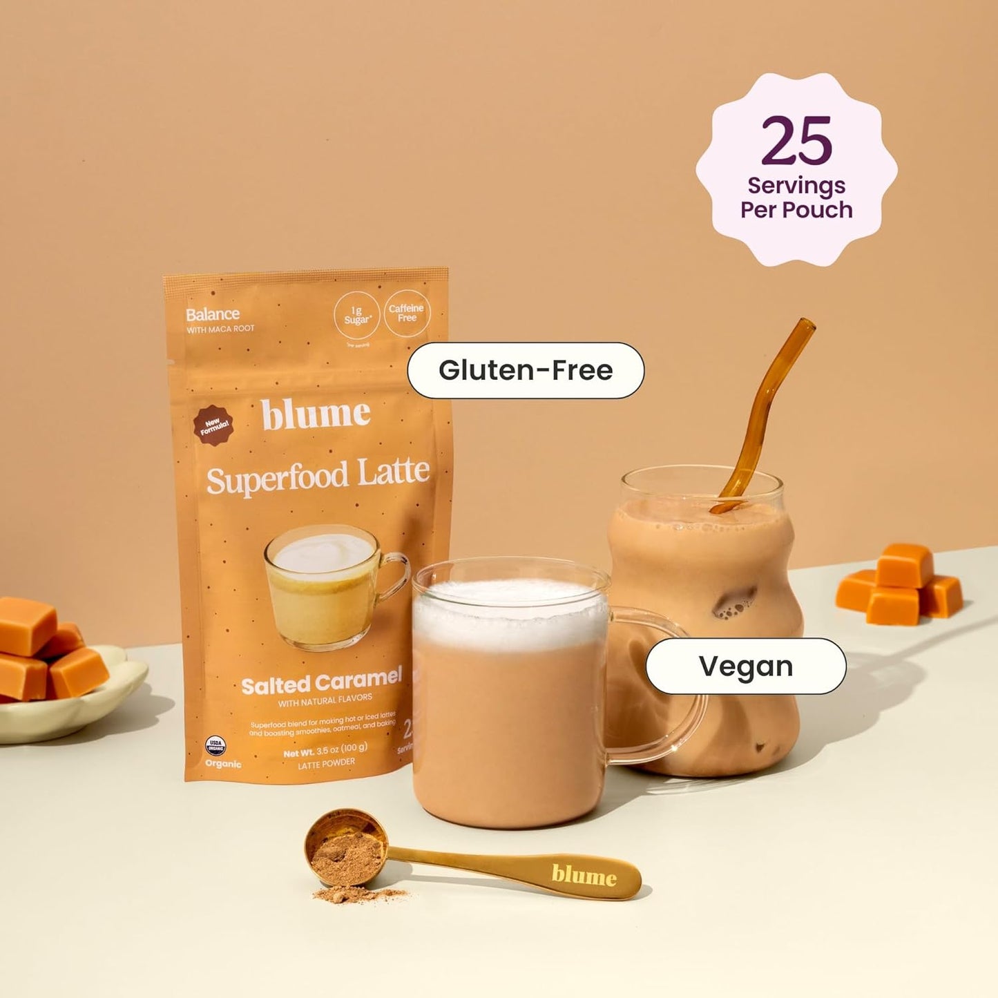 Blume Superfoods Latte - Salted Caramel Powder, Dandelion Root powder, Maca Powder, Pink Himalayan Salt, Low-Sugar, Inflammation support, Organic, Vegan And Keto Friendly - 25 Servings