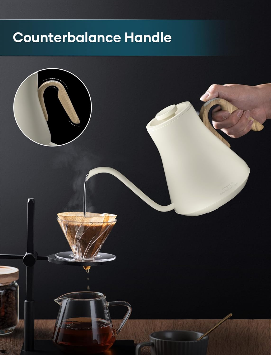 Electric Kettles, INTASTING Gooseneck Electric Kettle, ±1℉ Temperature Control, Stainless Steel Inner, Quick Heating, for Pour Over Coffee, Brew Tea, Boil Hot Water, 1500W/0.9L (Morandi White)