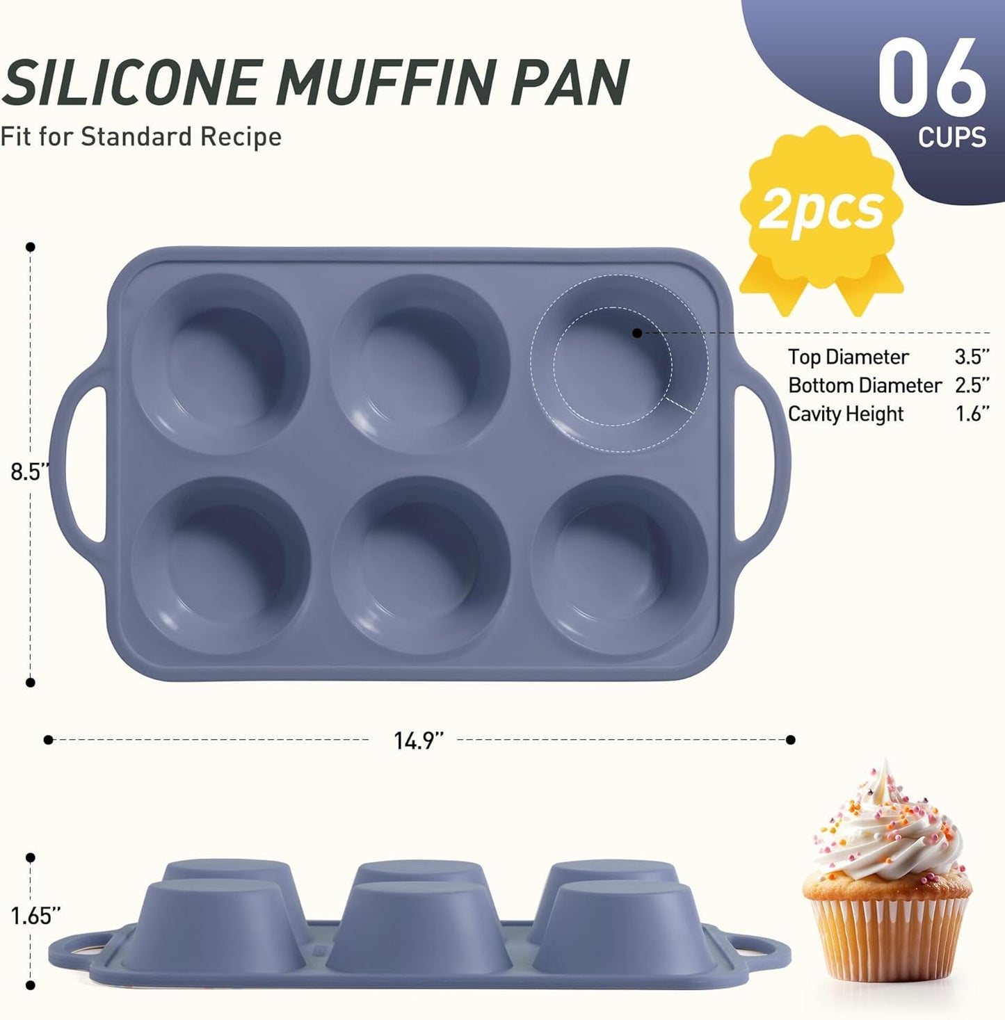 2 Packs 6 Cups Silicone Muffin Pan with Metal Reinforced Frame Jumbo Size Cupcake Pan Tray Egg Bites Silicone Circle Round Cookie Molds Muffin Tin Tall Tart Pans Baking Sheet Breakfast Sandwiches