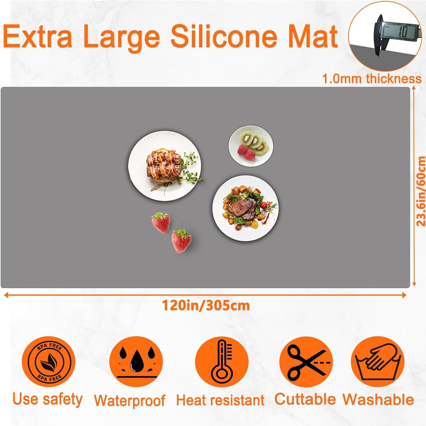 120" x24''(305cmx60cm) Extra Large Silicone Mat for Kitchen Counter, Heat Resistant Countertop Protector, Non-Slip Waterproof Kitchen Island Mat, Easy to Clean, Dark Gray