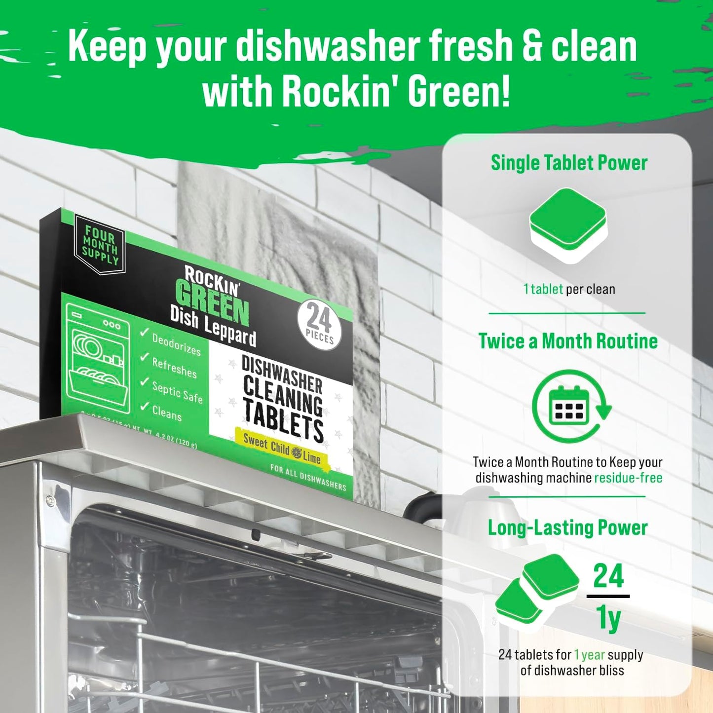 Rockin' Green Dishwasher Cleaner Tablets (24 Pack) - Septic Safe Dishwasher Cleaning Tablets Dishwasher Cleaner and Deodorizer Dishwashers Tablet Remove Build Up with Citric Acid (Sweet Child O'Lime)