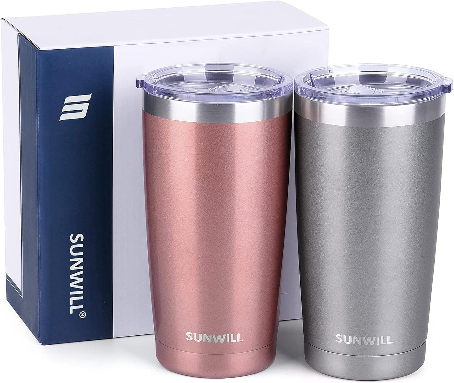 SUNWILL Travel Coffee Mug Set of 2, 20 oz Tumbler with Lid, Insulated Stainless Steel Cup for Water, Tea, Ice, Rose Gold & Cool Grey