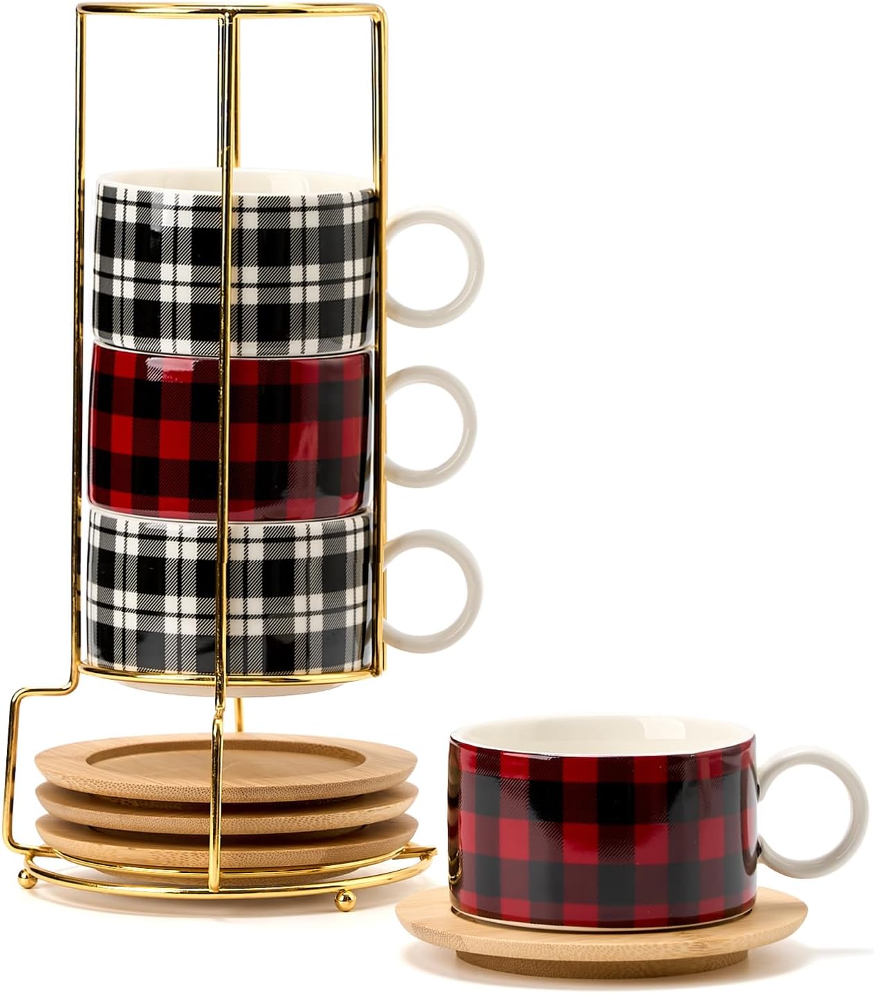 LUKA Porcelain Espresso Cup with Metal Stand,6 Ounce Stackable Ceramic Demitasse Espresso Mugs Cappuccino Cups Set for Latte,Coffee,Cafe Mocha,Tea - Set of 4 (Plaid Red & Gray)