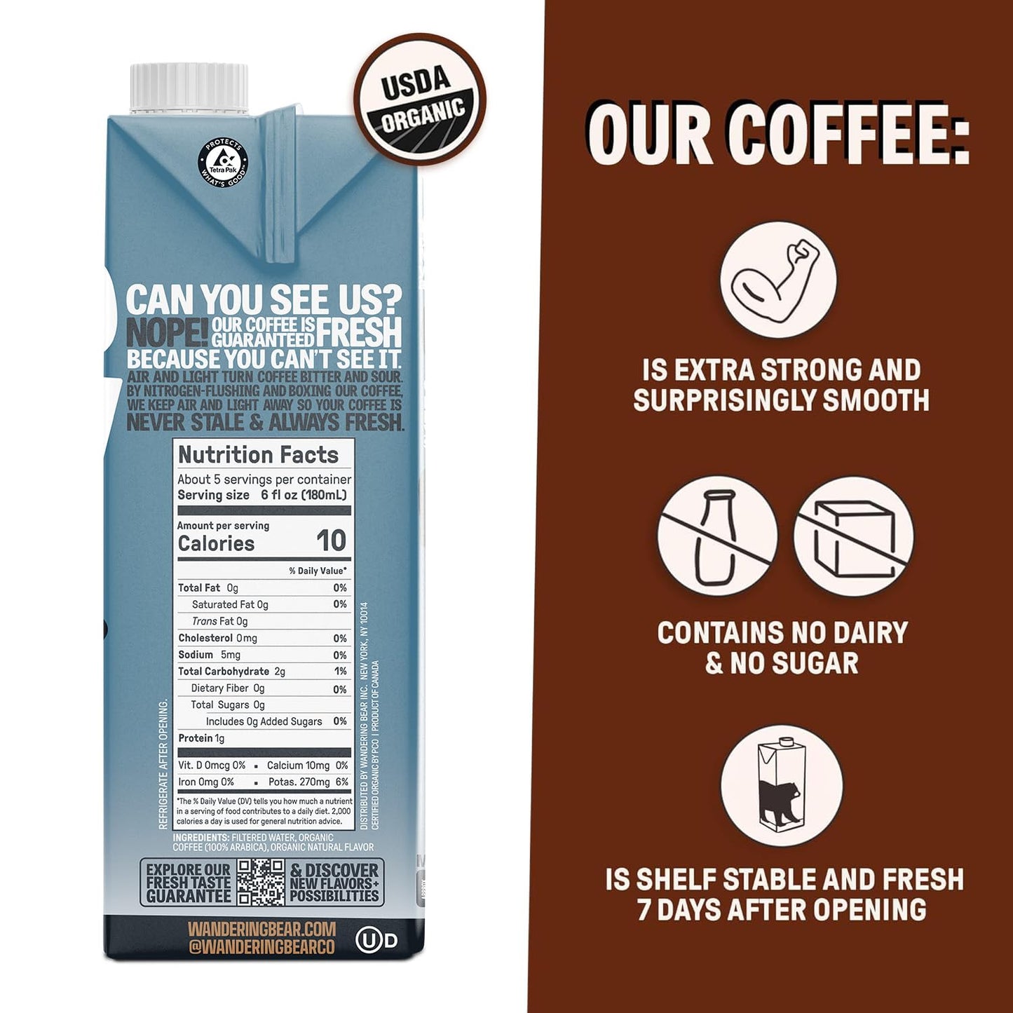 Wandering Bear Organic Vanilla Cold Brew Coffee, 32 fl oz, 6 pack - Extra Strong, Bold, Smooth, Unsweetened, Shelf-Stable, Ready to Drink, Gluten Free, & Vegan, Iced Cold Brewed Coffee Drinks