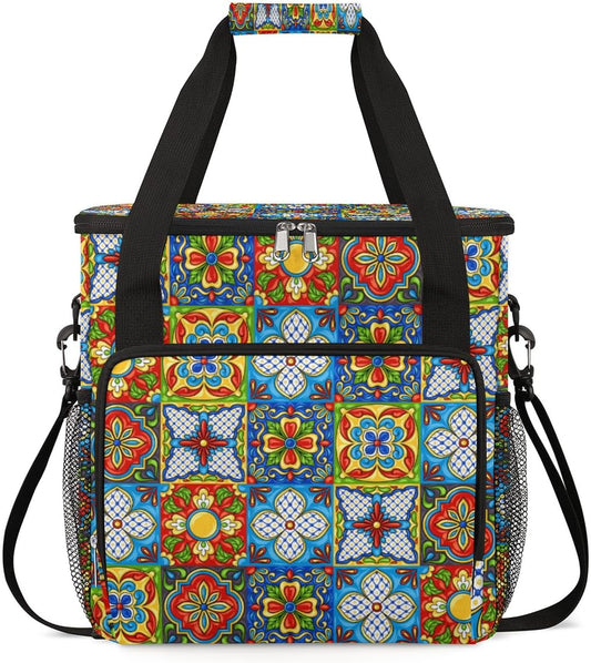 Ethnic Mexican Colorful Flowers Plaid Coffee Maker Carrying Bag, Coffee Machine Travel Storage Tote Bag Compatible with K-Mini or K-Mini Plus, Portable Single Serve Coffee Brewer Case with Pockets