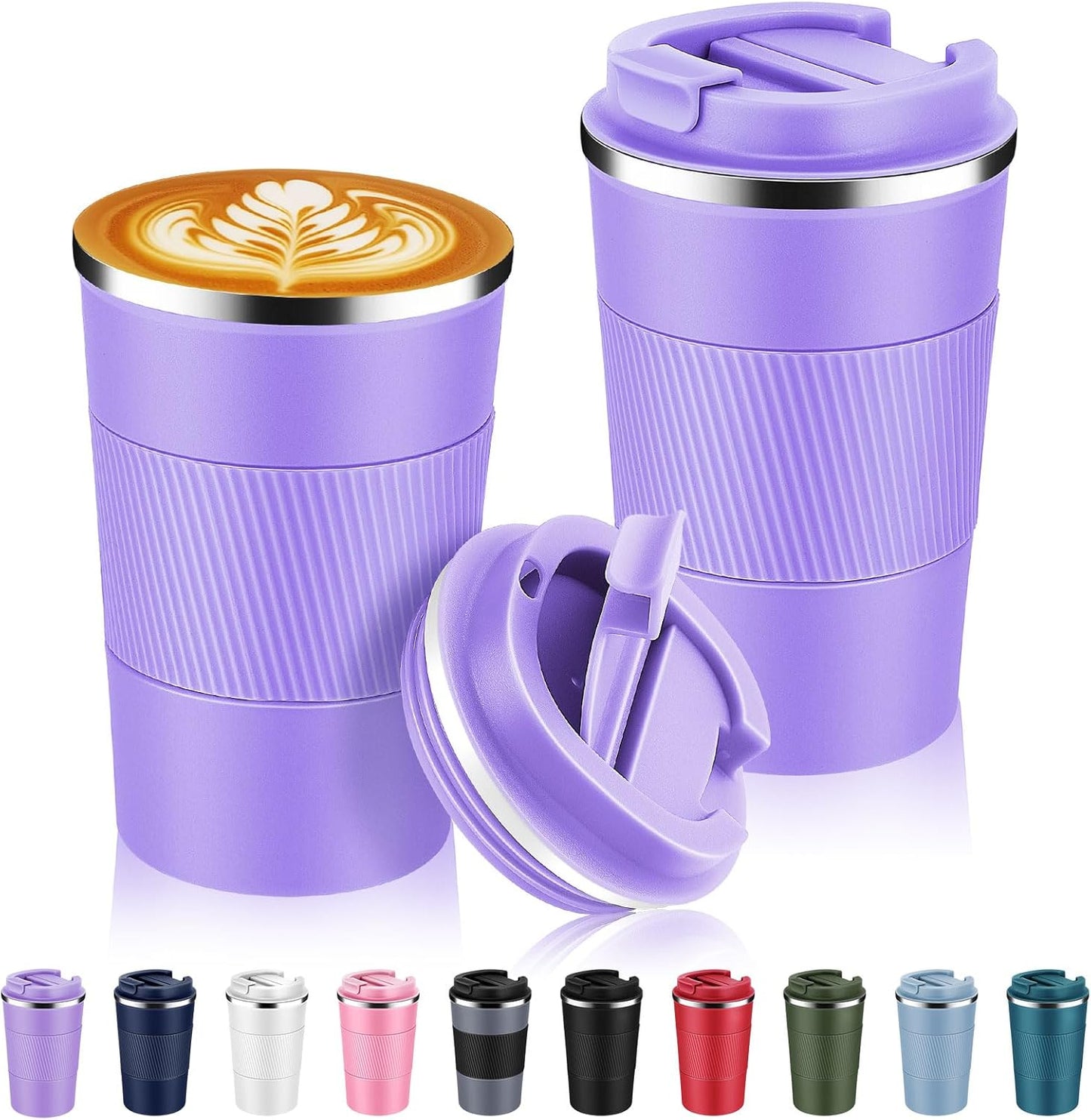 Volhoply 13 oz Stainless Steel Insulated Travel Coffee Mug with Fip Lid Bulk 2 Pack,Reusable Double Wall Vacuum Metal Coffee Cup,Portable Leak Proof Thermal Tumbler for Hot & Cold Drinks(Purple,2)
