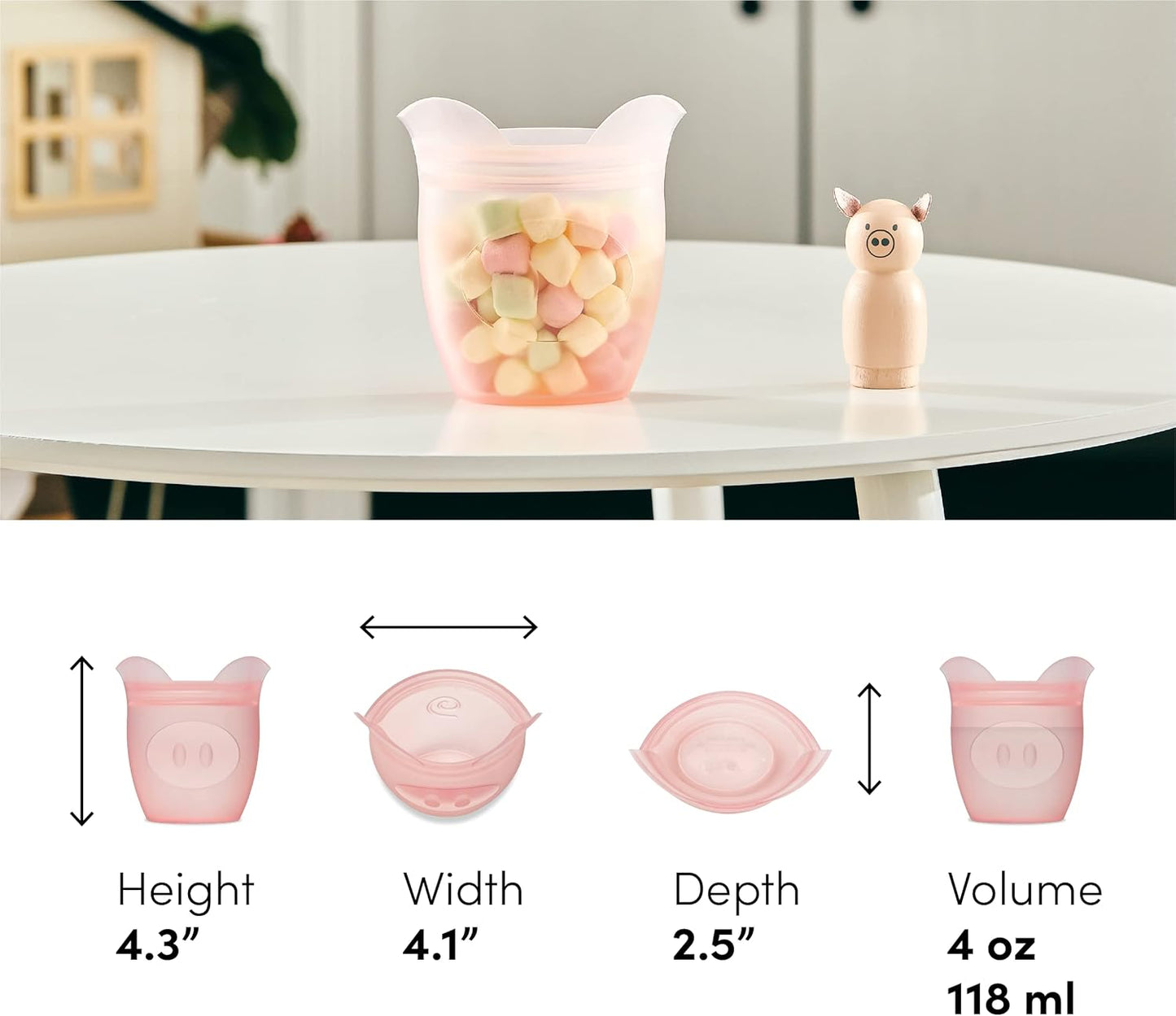 Zip Top Reusable 100% Silicone Baby + Kid Snack Containers - The only containers that stand up, stay open and zip shut! No Lids! Made in the USA - Pink Pig