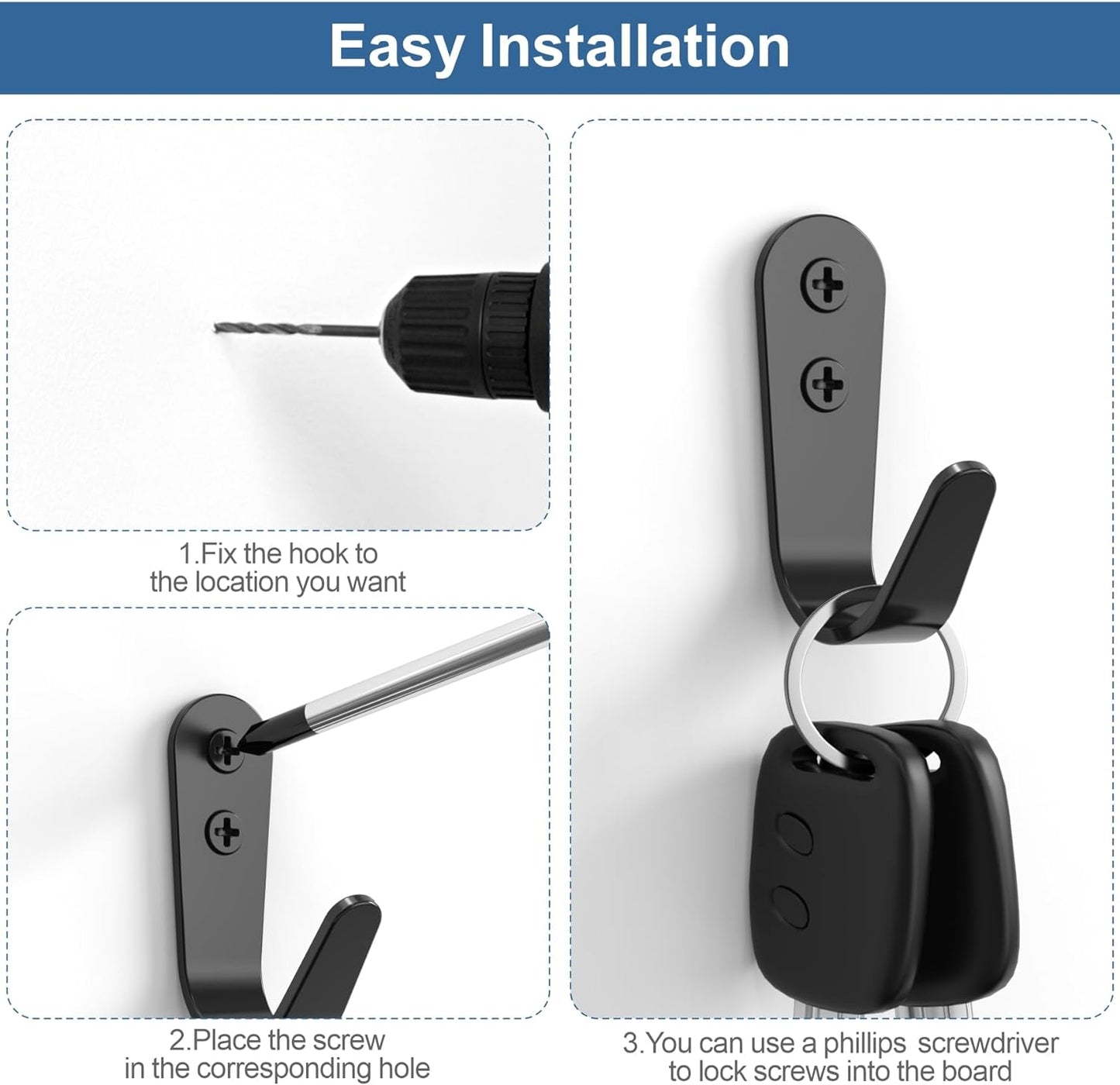 10PCS Hooks - Wall Mount Coat Hooks with 20 Screws for Hanging Coats, Towels, Backpacks, Hats, Dog Leashes, Coffee Mugs