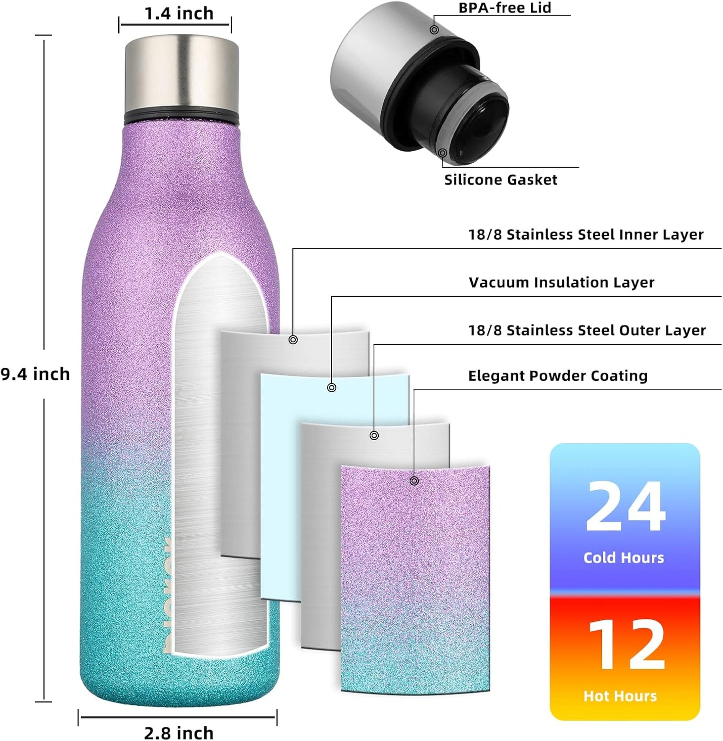 BJPKPK Insulated Water Bottles, 18 oz Stainless Steel Metal Water Bottle with Strap, BPA Free Leak Proof Thermos,Mugs,Flasks, Reusable Water Bottle for Sports & Travel,Sparkling Purple Green
